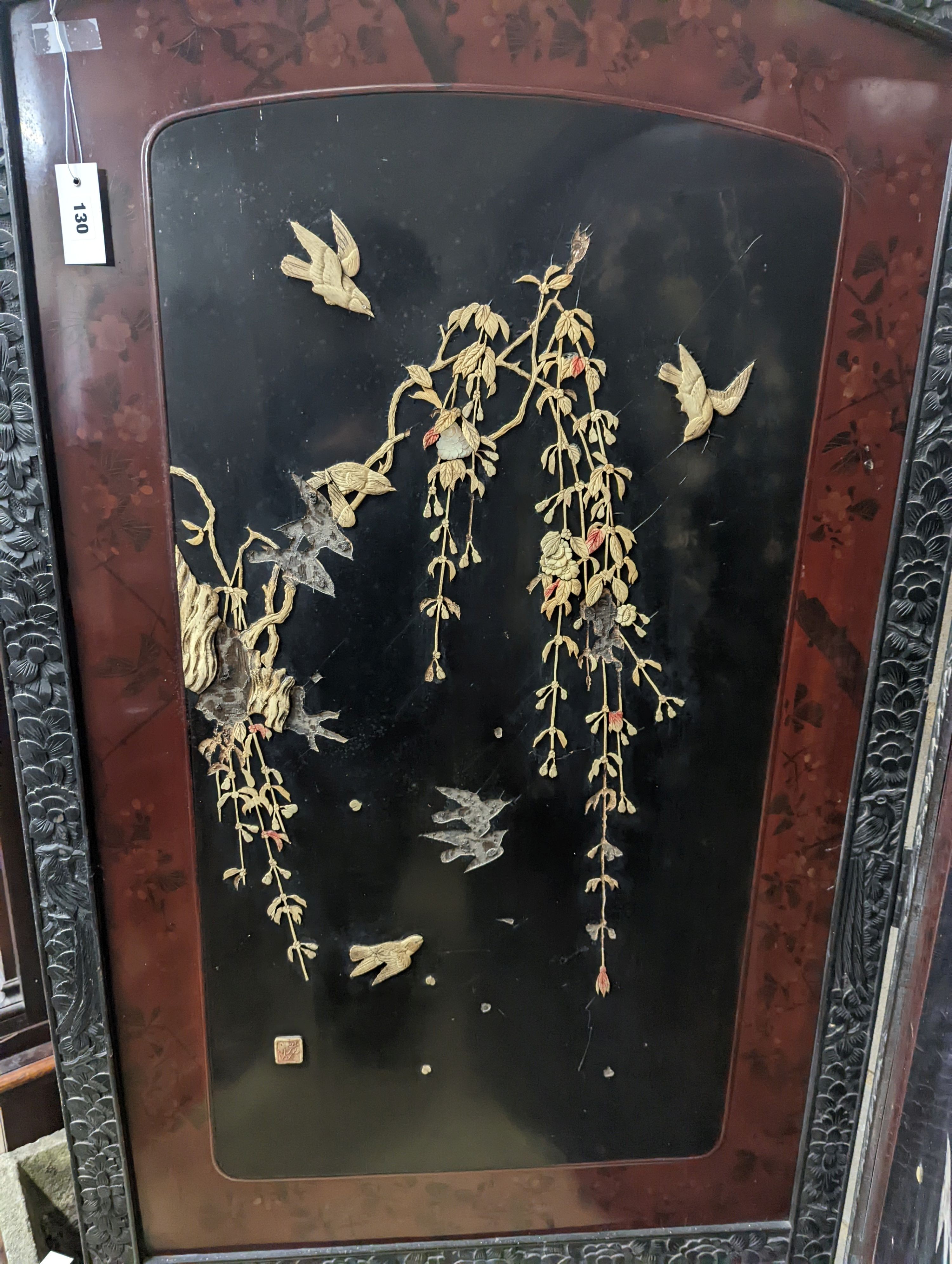 A Shibayama type lacquer bone mounted two fold dressing screen, each panel 84cm, height 182cm